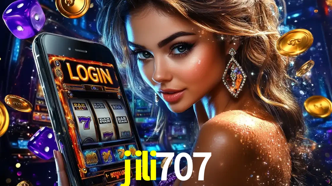 Mulher glamorosa segurando um smartphone com a tela de login para os jogos de caça-níqueis do cassino online jili707, com moedas de ouro e dados ao redor.